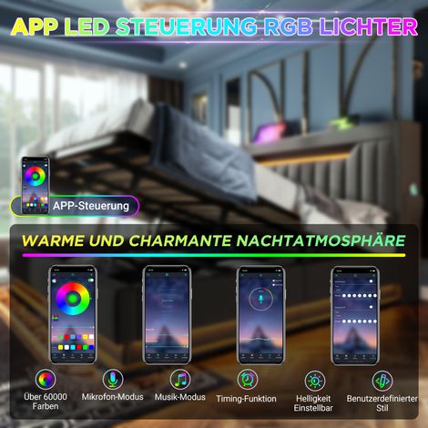 Lit 140x190 cm double, tête de lit avec rangement, ports USB et USB-C, éclairage LED en tête et pied de lit, coffre hydraulique, gris, lin, sans matelas. (1/5)