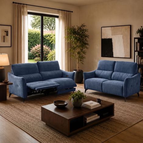 Ensemble Canapés 3P relax élec + 2P fixe tissu Waterproof Bleu - GARIOS (1/5)