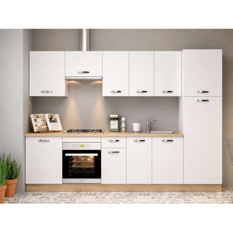 Cocina completa KIT-KIT de 3 metros, color blanco, con zocalo y encimera roble albar. (1/4)