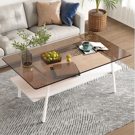 Tavolino da caffè 98 x 58 x 42,5 cm marrone e bianco, vetro temperato, MDF e metallo MEUBLIV (1/5)