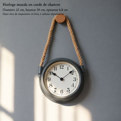 Horloge Murale 8 pouces corde de chanvre gris mat avec chiffres 50 × 50 × 20 cm Métal Silencieuse Salon – Livraison gratuite (1/3)
