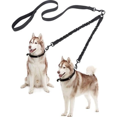 Laisse Double pour 2 Chien, Absorption des Chocs à 360 ° sans Nœuds, Séparateur Réfléchissante Réglable Élastique pour Marche Jogging Course Randonnée et Entraînement avec Deux Chiens (1/5)