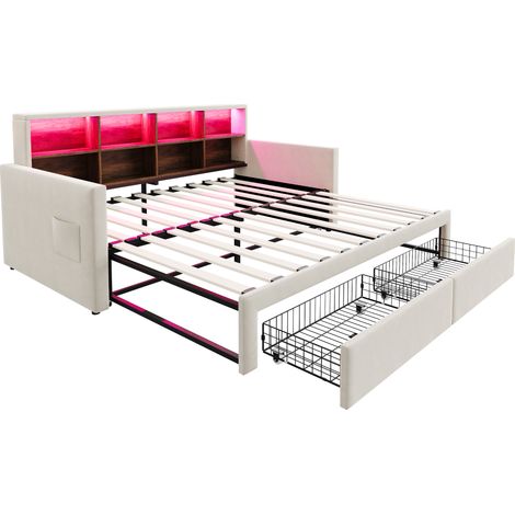 Lit Banquette 90 x 190 cm, Lit Simple avec Gigogne, 2 Tiroirs, LED, USB et Type-C, sans Matelas, Beige (1/5)
