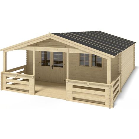 Casetta da giardino in legno con veranda e tettoia - 48m2 - 6x6m - 40mm - colore: naturale - DOM749+DOM553+DOM555+POD04 (1/5)