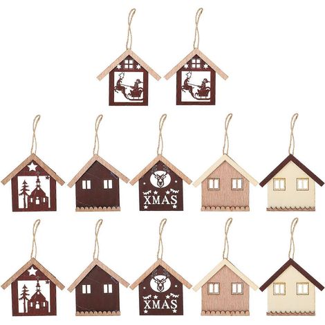 12 décorations de Noël suspendues en forme de maison, en rondelles de bois. Fournitures de fête-10x9cm-Red (1/3)