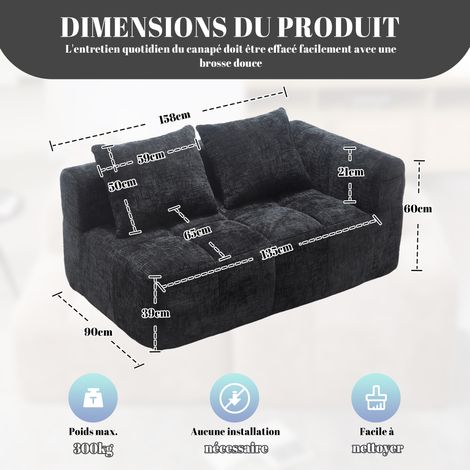Canapé confortable pour 2 personnes. Pas besoin de montage particulier. Canapé moelleux, avec un coussin. Des poches latérales permettent de ranger la télécommande et le téléphone portable. Design élé (1/5)