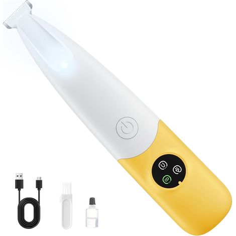Tondeuse Pour Animaux - Lame Ronde Sécurisée - LED Intégrée - Recharge USB - Faible Bruit - Pour Pattes Oreilles Visage Fesses - 16 x 3.3 x 2.8 cm - Jaune (1/5)