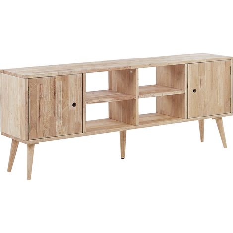 Mueble TV de madera de caucho clara 2 puertas almacenaje estante retro escandinavo sala de estar Chandler (1/5)