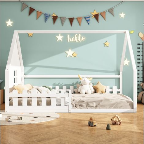 Kinderbett Kiefernholz Weiß 140x200 cm im Hausbett-Design mit Geländer (1/5)
