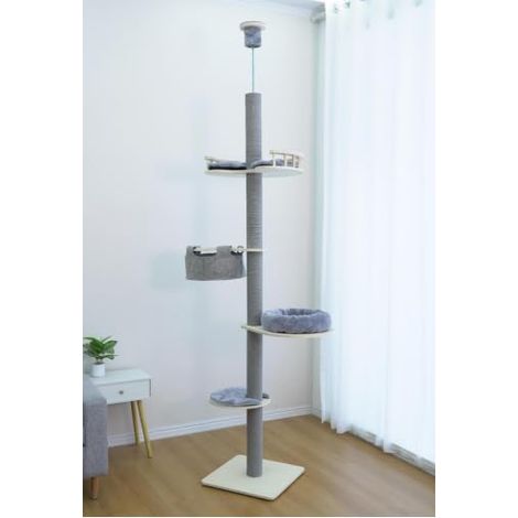 Albero per Gatti da Pavimento a Soffitto con Altezza Regolabile 236-271 cm, Torre in Legno a 5 Livelli con Ripiano, Letto Peluche, Amaca e Pali Tiragraffi, Mobile per Gatti da Interno