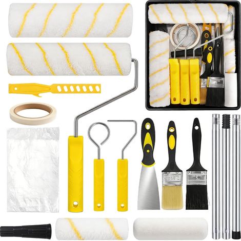 Rouleau Peinture Set, 18 Pièces Ensemble de Rouleaux de Peinture avec Rouleau 4/9 Inch Pinceaux Bac à Peinture Grattoir Rallonge Outils de Peinture pour Murs Plafond Portes Garnitures (1/5)