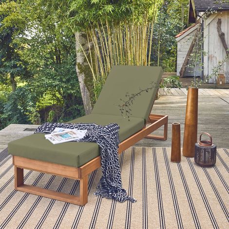 Bain de soleil en bois d'eucalyptus PAMPLONA. multi positions. toile en polyester kaki. 204 x 63 x 11.5 cm (1/5)