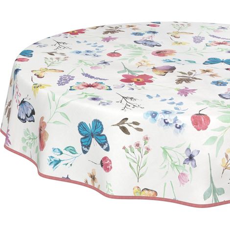 Nappe en Toile cirée Lavable, Facile d'entretien et imperméable, Effet Lotus, pour Table de Jardin, Motif Papillons, Ronde, 140 cm, avec Ourlet (bordée) (1/5)