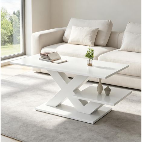 Table basse 100x48x45 cm blanche brillante, double plateau, structure en MDF, design X MEUBLIV (1/5)
