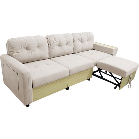 Canapé d’angle modulaire 3 places avec ottomane extensible, port USB, rangement et accoudoir-table en bois, canapé en velours avec mousse haute densité, canapé de salon vert, beige (1/5)