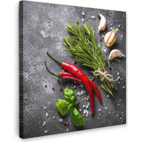 TABLEAU SUR TOILE Poivre - Herbes - Épices - Béton Tableau Chambre Adulte 90x90 cm