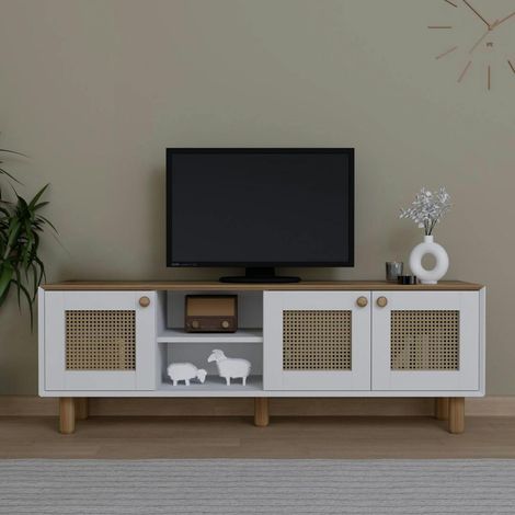 Meuble TV cannage 3 portes blanches plateau effet chêne VAREN