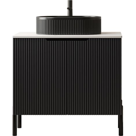 Meuble vasque salle de bain 76 cm avec vasque céramique ovale noire à rayures et plan en pierre sintrée blanche (1/5)