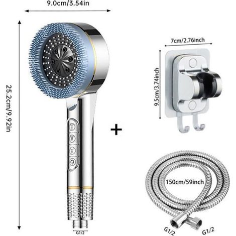 Pomme de douche haute pression réglable 4 vitesses Avec filtre, jet puissant, économiseur deau et tuyau inclus (1/4)