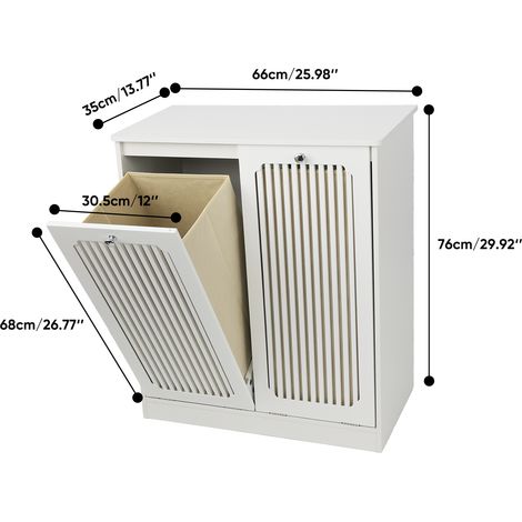 Armario para ropa blanca con frontal de listones y tapa abatible, armario para ropa blanca doméstica con dos compartimentos de tela, armario independiente para balcón y baño, blanco. (1/5)