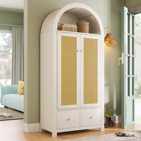 Armoire penderie 78x45x181 cm avec 2 portes, 2 tiroirs, niche ouverte et tringle, pour chambre, bois blanc (1/5)