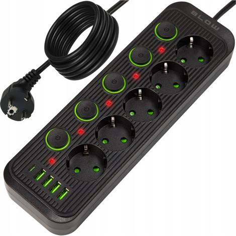 Cable alargador, regleta, cargador, 4 puertos USB, 5 tomas, 5 m, USB tipo C, negro (1/5)