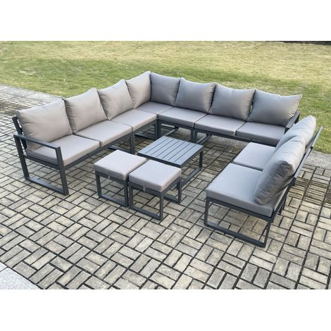 Fimous 11 Seater Patio Outdoor Garden Furniture Aluminium Lounge Corner Sofa Set with Square Coffee Table with 2 Small Footstools Dark Grey (1/5)