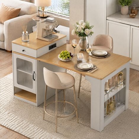 Mesa isla de cocina extensible con ruedas y enchufes, blanco y madera natural (1/5)