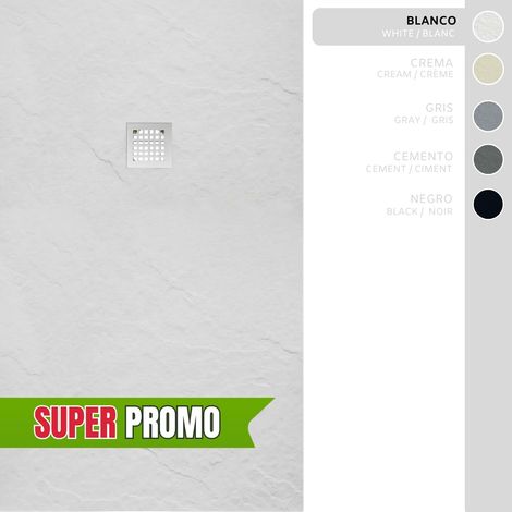 SOULBATH Plato de Ducha de Resina-Fibra Fuerte y Ultraligero - Textura Pizarra - BLANCO - 90x80- Extraplano - Incluye Válvula desagüe y Rejilla (1/5)