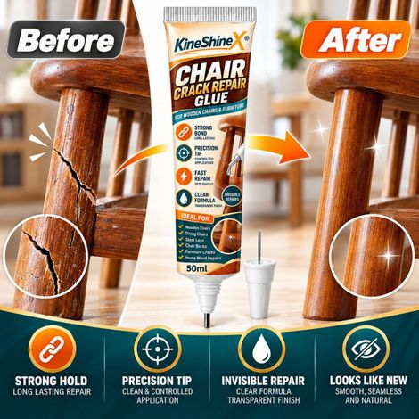 Adhésif liquide transparent KineShineX pour réparer les pieds de chaises de salle à manger et les meubles en bois massif qui sont desserrés ou fissurés. (1/4)