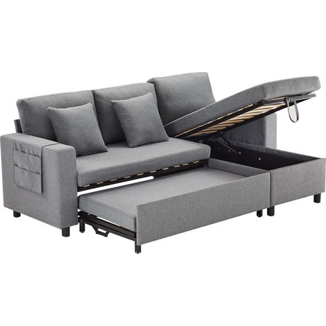 Divano letto angolare in lino grigio scuro con contenitore e 2 cuscini MODENUIT (1/5)