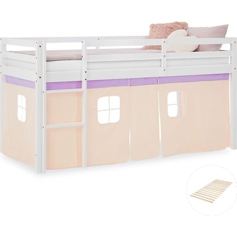 Letto a soppalco con rete a doghe 90x200cm con scaletta in legno laccato bianco e tela beige-lilla inclusa senza materasso LIT06246