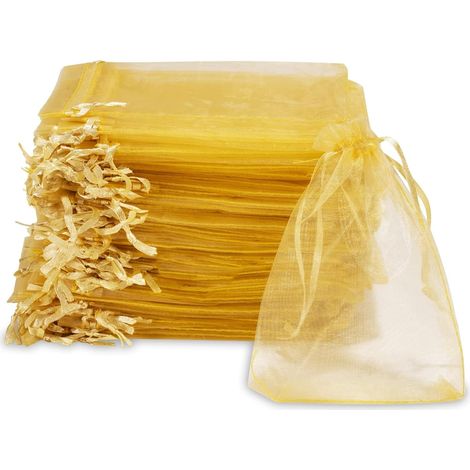 50 Sachet, Organza, Cordon de serrage, Doré, 7x9cm, Mariage, Noël (1/5)