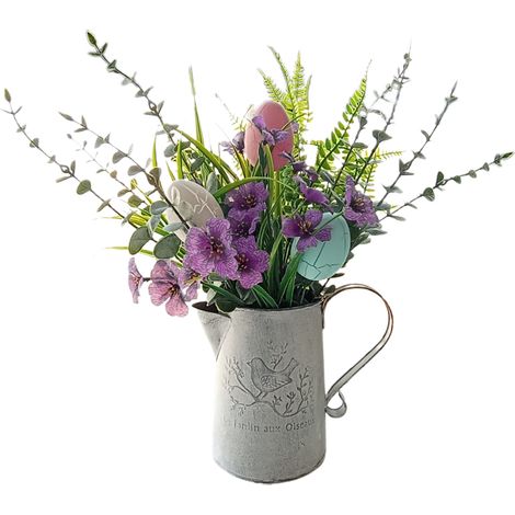 (Boîte + 2 yuans) Décoration originale de Pâques : œuf fêlé, plante verte artificielle, seau en métal avec oiseau, pour l'intérieur et l'extérieur. (1/2)
