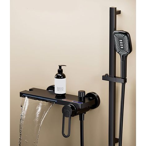 Robinet de baignoire cascade eau chaude et froide, douche murale en laiton, hauteur réglable, cascade noire avec tige de levage (1/5)