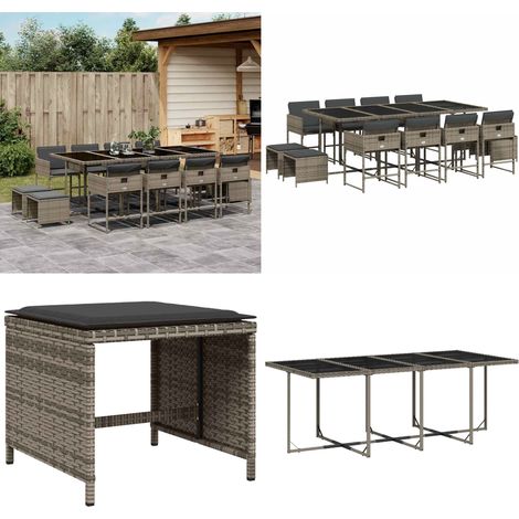 Set da Pranzo da Giardino 13pz con Cuscini Grigio in Polyrattan - Sedie da giardino - Tavolo da giardino