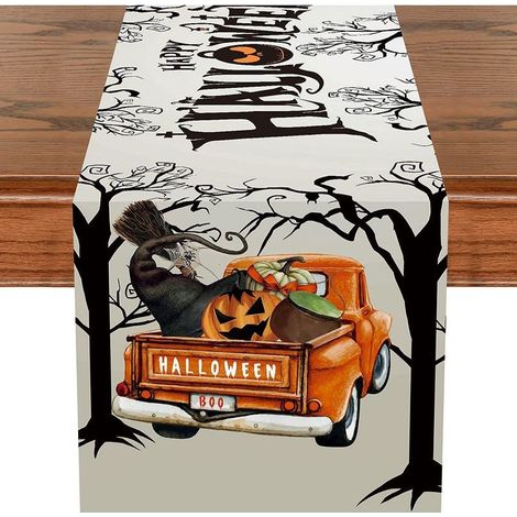 Chemin de table Joyeux Halloween, 33 x 183 cm, motif bois gris et camion, pour l'automne, les fêtes, la cuisine, la salle à manger, en polyester, déco (1/5)