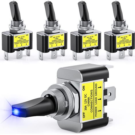 LED-Kippschalter, Ein-Aus, 12 V, 30 A, blauer LED-beleuchteter Metallschalter, strapazierfähig, SPST, 3-poliger Wippschalter, 12 mm Befestigungsloch für Autos, LKWs, Boote, Rennwagen, 5 Stück (1/5)