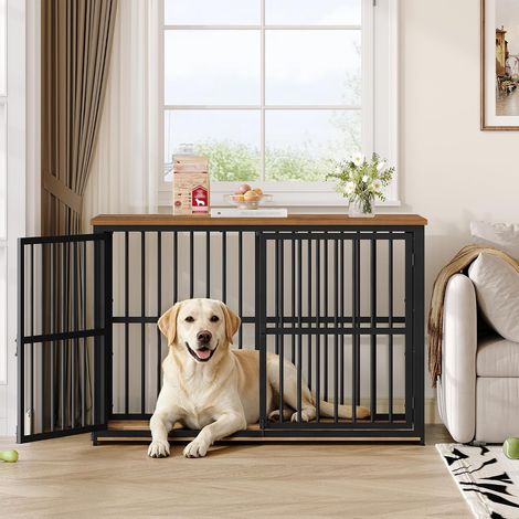 Meuble Cage pour Chien, 120 x 65 x 81 cm, Marron & Noir 3 Portes, Cages Bois pour Chiens, Table d'appoint, Cages Solide pour Chiens, Niche pour Chiens Interieur (1/5)