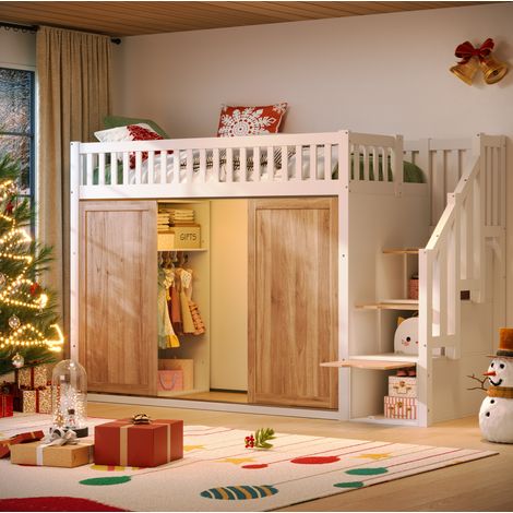 Cama alta infantil de madera maciza y MDF blanco con acabado en roble, 90x200 cm, con armario, escalera de almacenamiento y somier de láminas incluidos. (1/5)