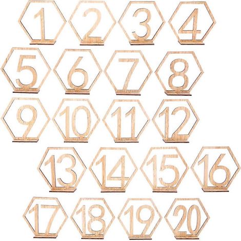 20 Tischnummern aus Holz, rustikale Tischdekoration, Tischschild, Tischnummernständer, sechseckige Tischnummern aus Holz