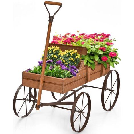 Wood Wagon Flower Planter with Wheels and 2 Planting Sections-Brown (1/5)