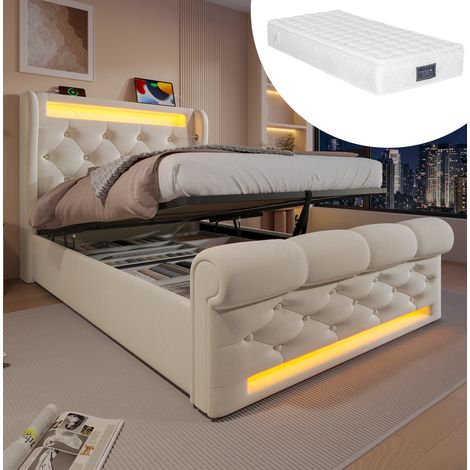Polsterbett mit Stauraum LED USB Typ-C 90x200 Beige OKMYHOME (1/5)