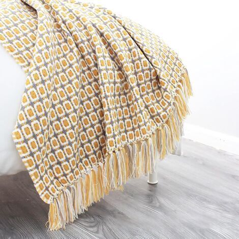 NALOOKAMIC 170 x 130 cm Couverture tricotée avec pompons pieddepoule à carreaux bohème Couverture tissée douce et confortable Couverture de canapé chaude Couverture décorative pour canapé, lit, can