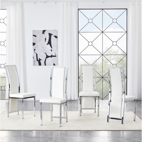 MEUBLIV Juego de 4 sillas de comedor blancas y plateadas en PU y metal, respaldo alto (1/5)