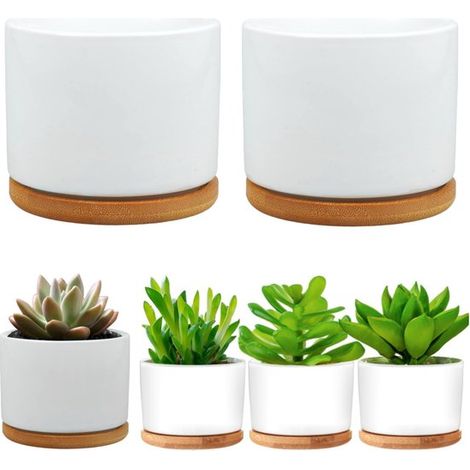 Pots de fleurs en céramique lot de 2 - mini pots 8 x 5,5 cm avec soucoupes bambou, blanc (1/5)