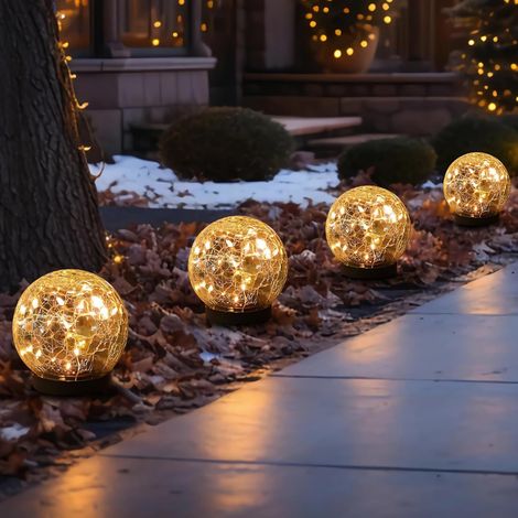 Lot de 4 boules lumineuses solaires d'extérieur, étanches, en verre craquelé, pour jardin, terrasse et pelouse. (1/5)