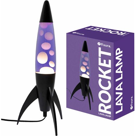 Lampe à lave violette rocket. Base noire, liquide violet et lave blanche. Lampe à lave rétro avec ampoule de rechange. Dimensions: 20 cm x 20 cm x 45 cm. (1/5)