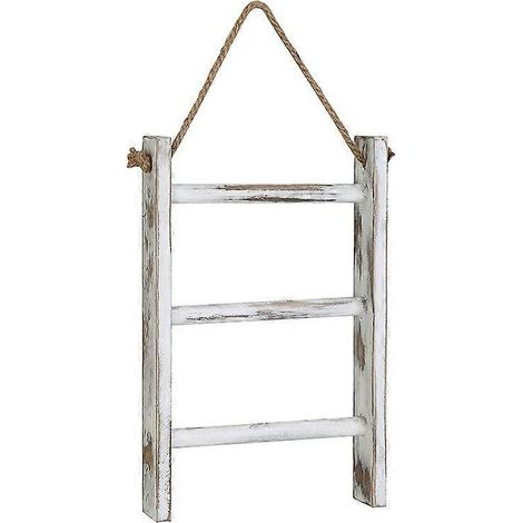Échelle de rangement pour serviettes à main murale à 3 niveaux en bois blanchi, avec corde (1/5)