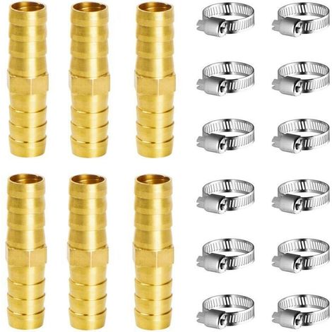 Brass Hose Fitting, 10mm Pneumatic Fitting, 6 Pieces, Brass Hose Connector for Fuel, Air, Water, Gas, Oil, with Clamps (I) (1/4)